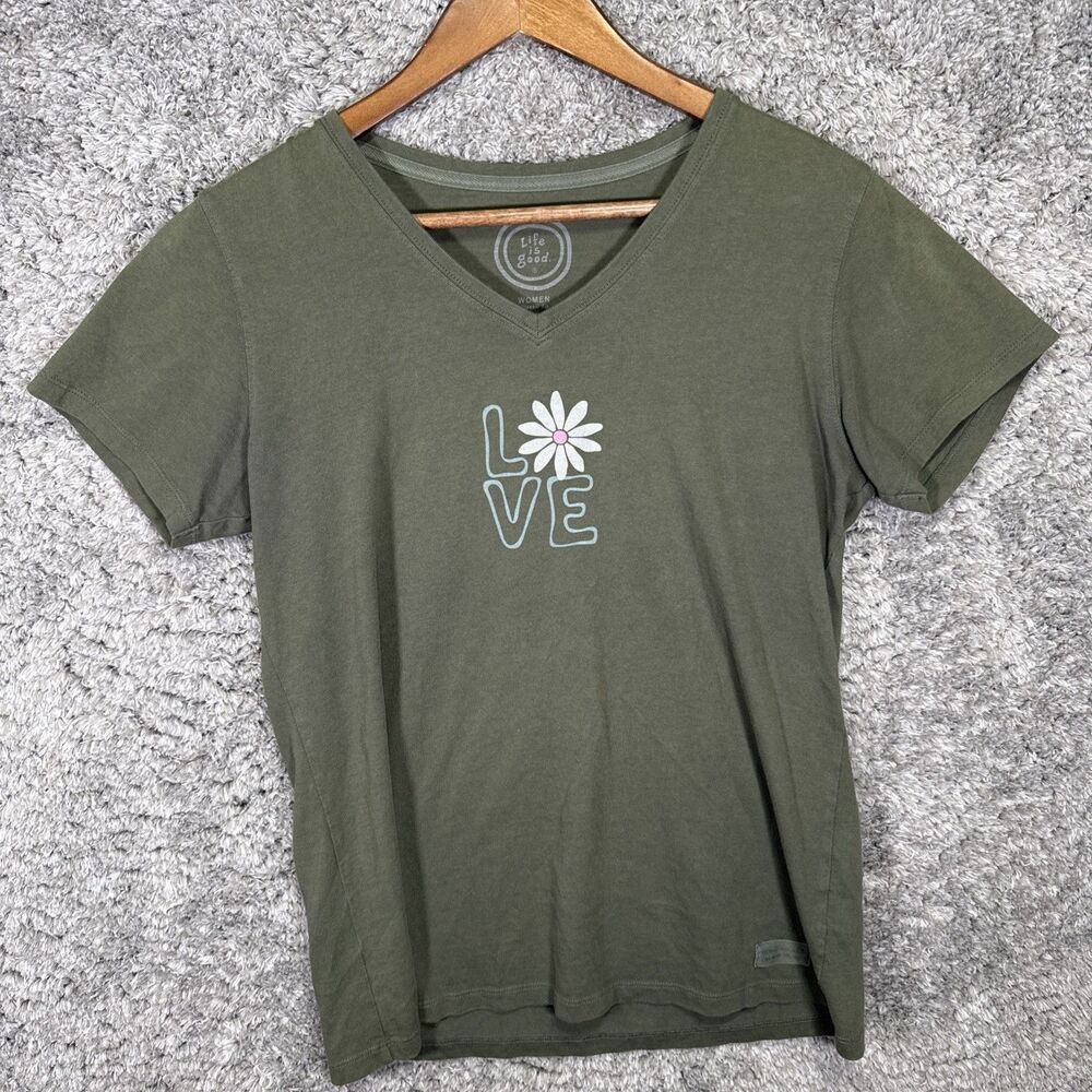 Life Is Good Women’s T Shirt Short Sleeve Classic Fit Medium Love V Neck Green